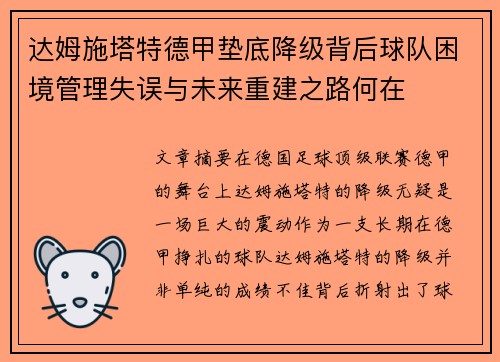 达姆施塔特德甲垫底降级背后球队困境管理失误与未来重建之路何在
