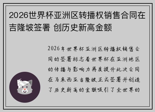 2026世界杯亚洲区转播权销售合同在吉隆坡签署 创历史新高金额