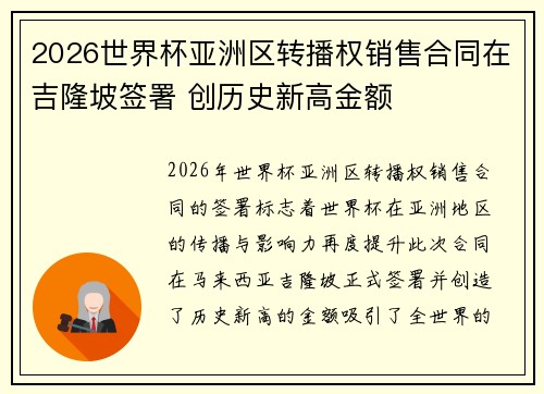 2026世界杯亚洲区转播权销售合同在吉隆坡签署 创历史新高金额 2026世界杯亚洲区转播权销售合同在吉隆坡签署 创历史新高金额